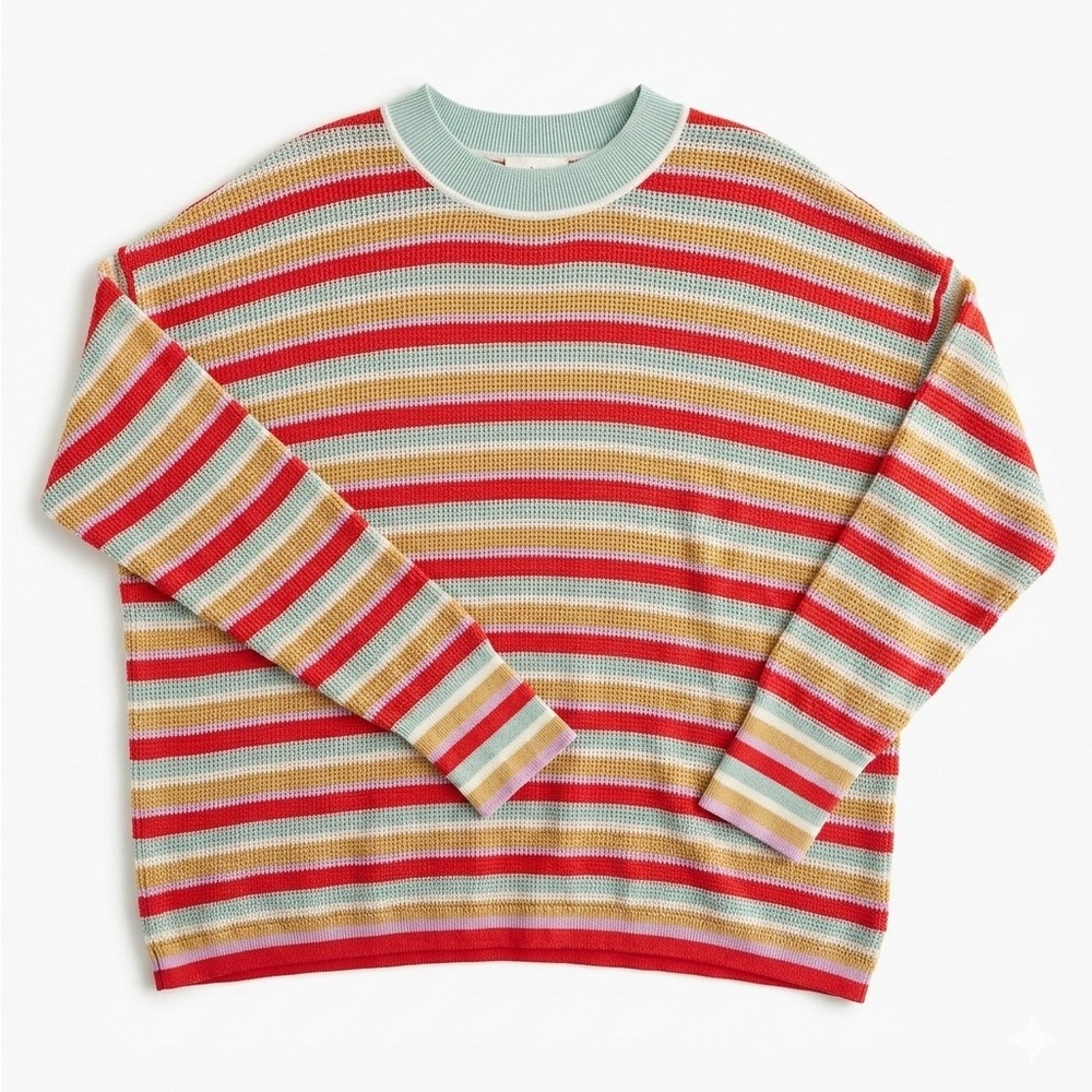 Summer Striped Multicolor Women's Drop Shoulder Sweater, 100% cotton, size L
